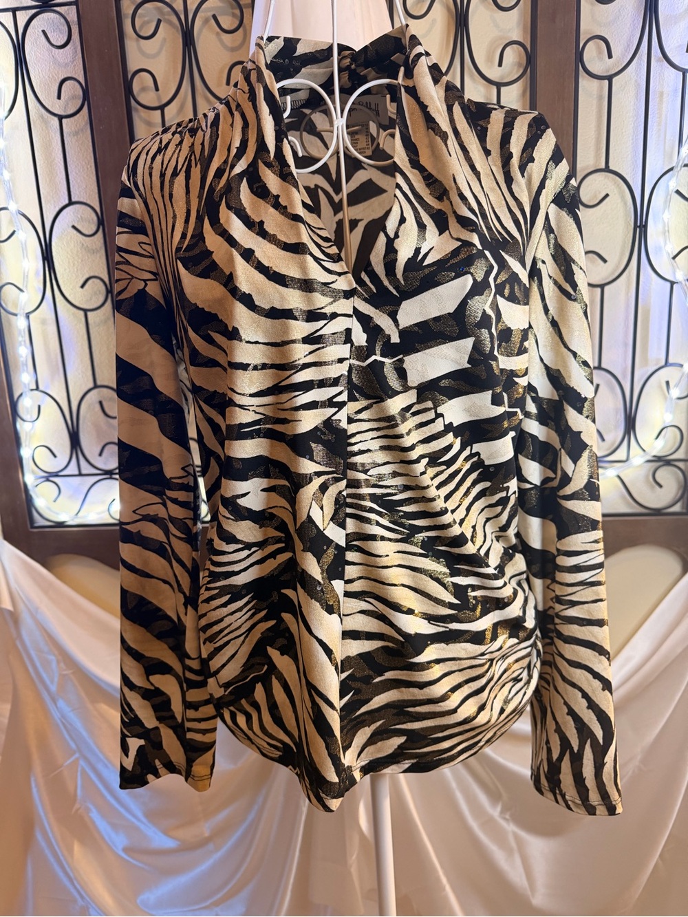 Joseph Ribkoff Black & Cream Zebra-Print Draped Long Sleeve Top